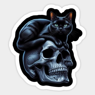 black cat sitting on top of skull Sticker